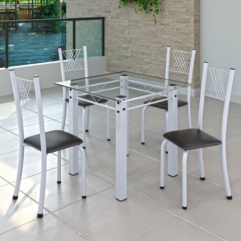 Conjunto de Jantar Mesa 75x75cm Tampo de Vidro Incolor com 4 Cadeiras Sara Yescasa Branco/Preto Liso