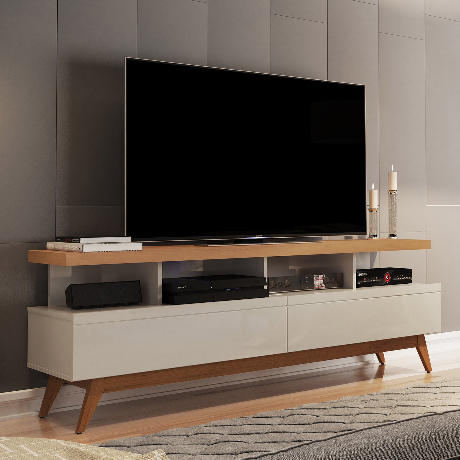 Rack para Tv Vivare Wood 1.8 Off White com Nature - Germai Móveis - 2