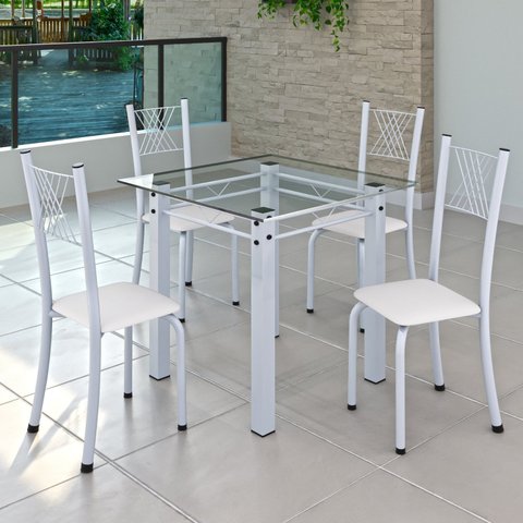 Conjunto de Jantar Mesa 75x75cm Tampo de Vidro Incolor com 4 Cadeiras Sara Yescasa Branco/Liso