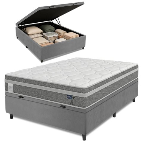 Cama Box Baú Colchão Casal Molas Ensacadas Euro In Up 138x188x67cm Cinza / Branco Probel