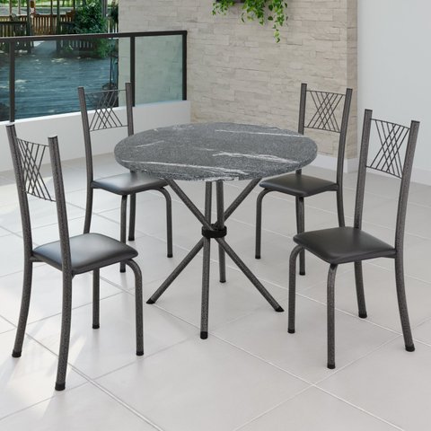 Conjunto de Jantar Mesa Tampo Redondo de Granito Topázio com 4 Cadeiras Sara Yescasa