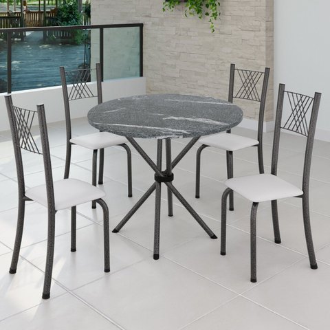 Conjunto de Jantar Mesa Tampo Redondo de Granito Topázio com 4 Cadeiras Sara Yescasa Prata/Branco Liso/Mart