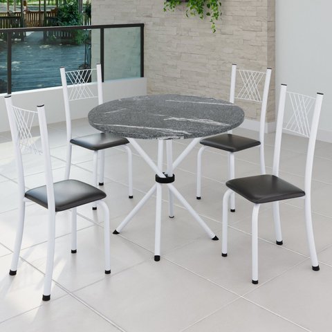 Conjunto de Jantar Mesa Tampo Redondo de Granito Topázio com 4 Cadeiras Sara Yescasa Branco/Preto Liso