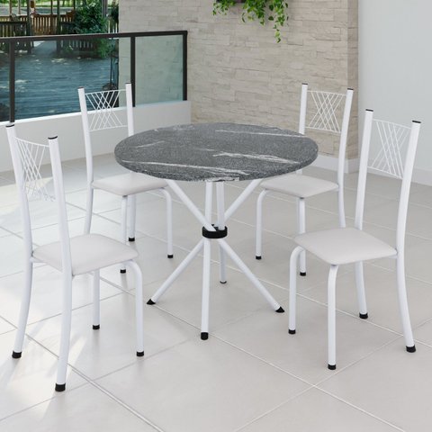 Conjunto de Jantar Mesa Tampo Redondo de Granito Topázio com 4 Cadeiras Sara Yescasa Branco/Liso