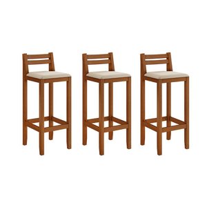 Kit 3 Banquetas em Madeira Maciça Ibiza Balcão 98 Cm - Malbec Assento Off White