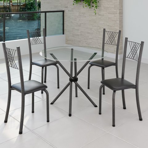 Conjunto de Jantar Mesa Tampo Redondo de Vidro Incolor com 4 Cadeiras Sara Yescasa