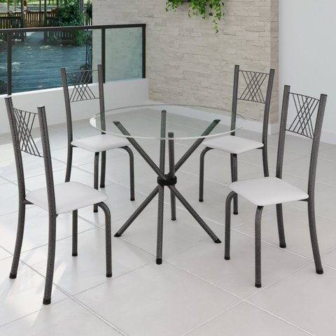 Conjunto de Jantar Mesa Tampo Redondo de Vidro Incolor com 4 Cadeiras Sara Yescasa Prata/Branco Liso/Mart
