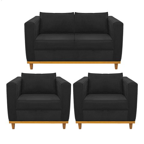 Kit Sofá 2 Lugares e 2 Poltronas Europa Suede Preto Doce Sonho Móveis