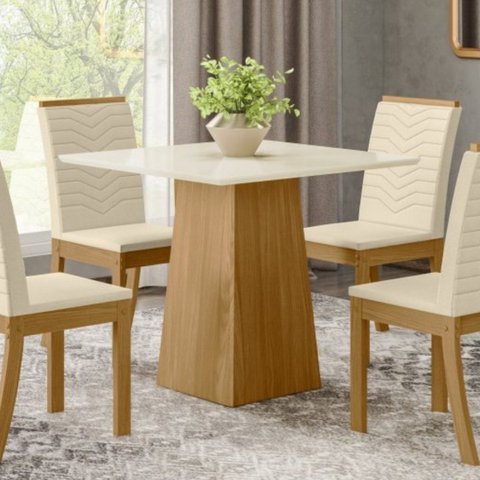 Mesa de Jantar de 4 Lugares Tampo Mdf Cantos Retos - Dora Nature / Off White