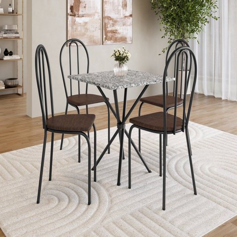 Conjunto Sala de Jantar Mesa Quadrada 70cm Tampo Granito com 4 Cadeiras Leia Preto/Imbuia/Ocre