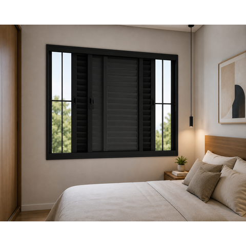 Janela Veneziana 3 Folhas com Grade Alumínio Preto 120x150 Linha 25 Jade