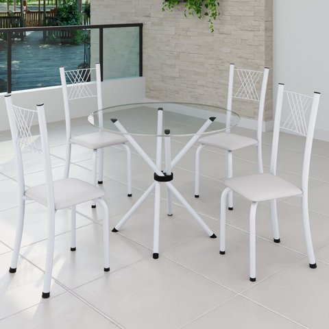 Conjunto de Jantar Mesa Tampo Redondo de Vidro Incolor com 4 Cadeiras Sara Yescasa Branco/Liso