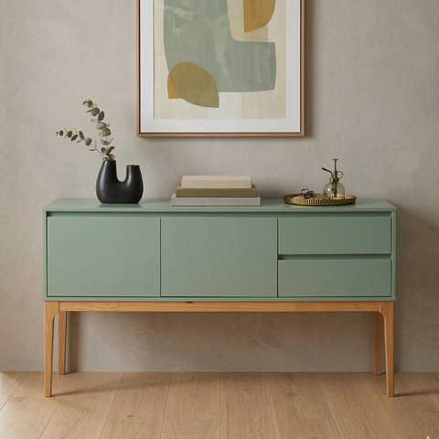 Buffet Aparador 2 Portas e 2 Gavetas MDF com Pés em Madeira Maciça Bento Yescasa Verde/Sálvia/Amêndoa