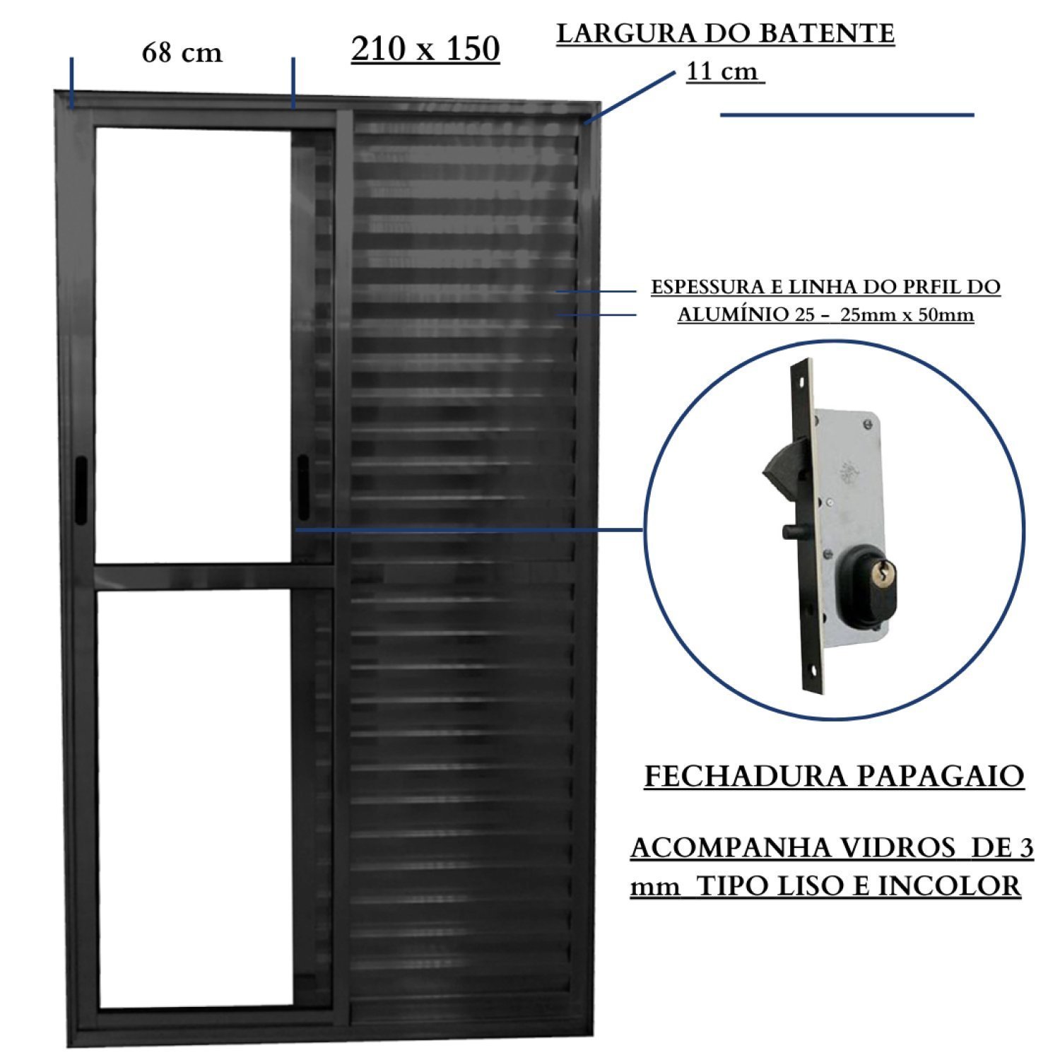 Porta Balcão de Alumínio 3 Folhas 210 x 150cm com Fechadura Linha 25 - 3