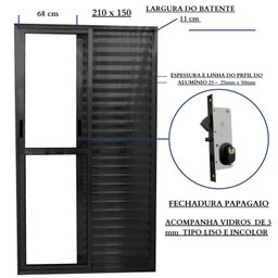 Porta Balcão de Alumínio 3 Folhas 210 x 150cm com Fechadura Linha 25 - 3