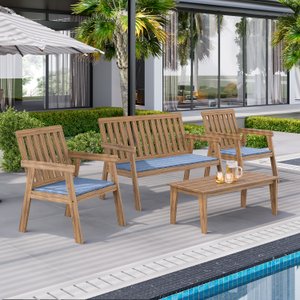Conjunto Para Jardim 4 Peças 3 Poltronas 1 Mesa de Centro Família de Madeira Eucalipto Yescasa
