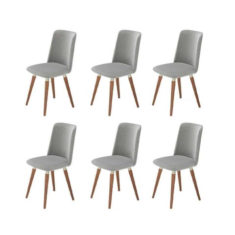 Kit de 6 Cadeiras de Madeira Maciça Estofada Dakota - Natural C/ Linho Cinza - Champanhe