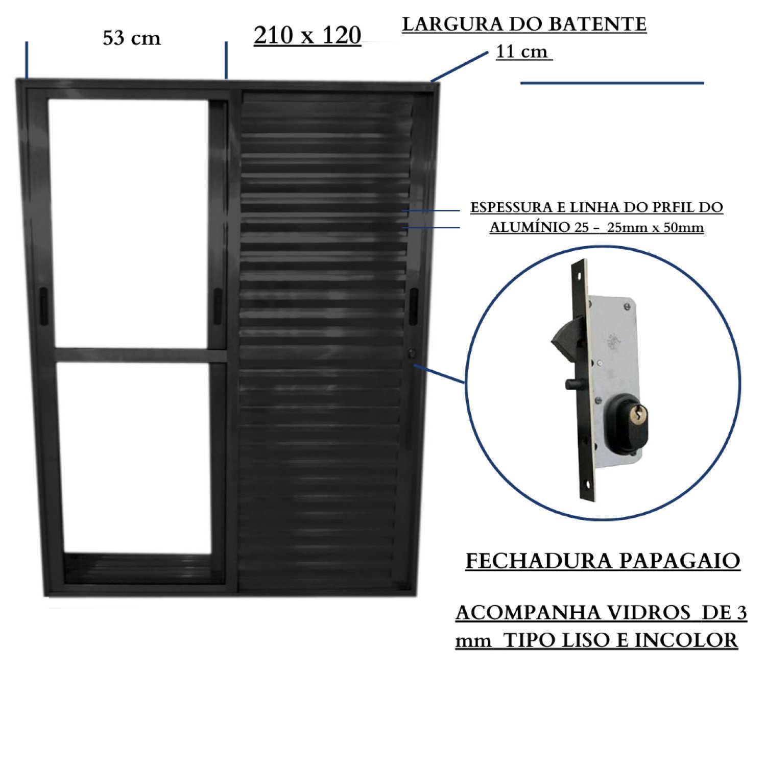 Porta Balcão de Alumínio 3 Folhas Móveis 210 x 120cm com Fechadura Linha 25 - 3