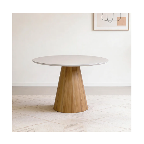 Mesa de Jantar 4 Lugares Redonda 117cm Base Cone Tampo MDF com Vidro Erimon N01 Ypê Off White - Lyam