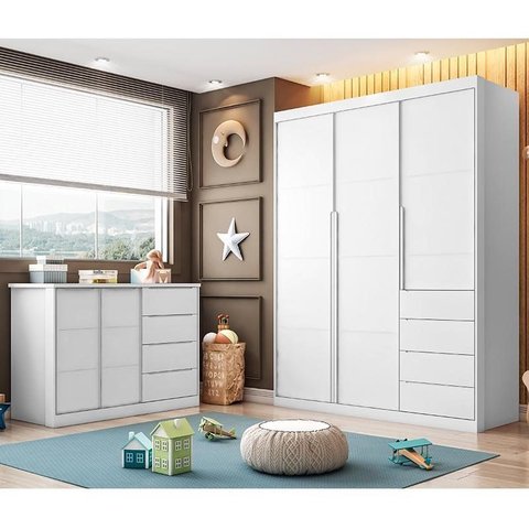 Jogo de Quarto Infantil Pérola com Guarda Roupa e Cômoda Branco - Phoenix Baby
