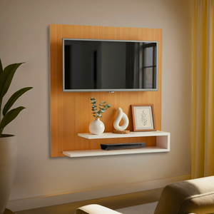 Painel Suspenso de Tv 32 Polegadas Moderno com Estante Prateleira Off White Quarto Sala Estar Home