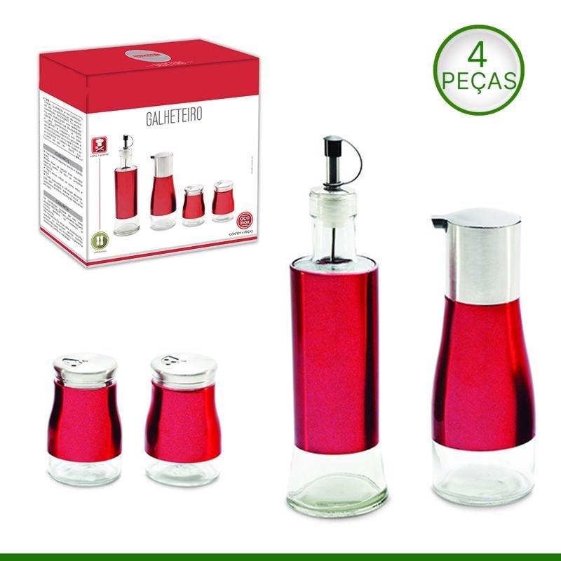 Galheteiro de Vidro Inox Kit com 4 Peças Porta Azeite Vermelho - 1