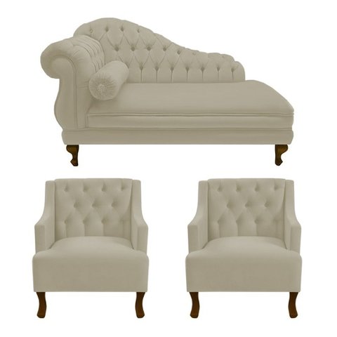 Recamier Larissa 150 cm e 2 Poltronas Genesis Suede Bege