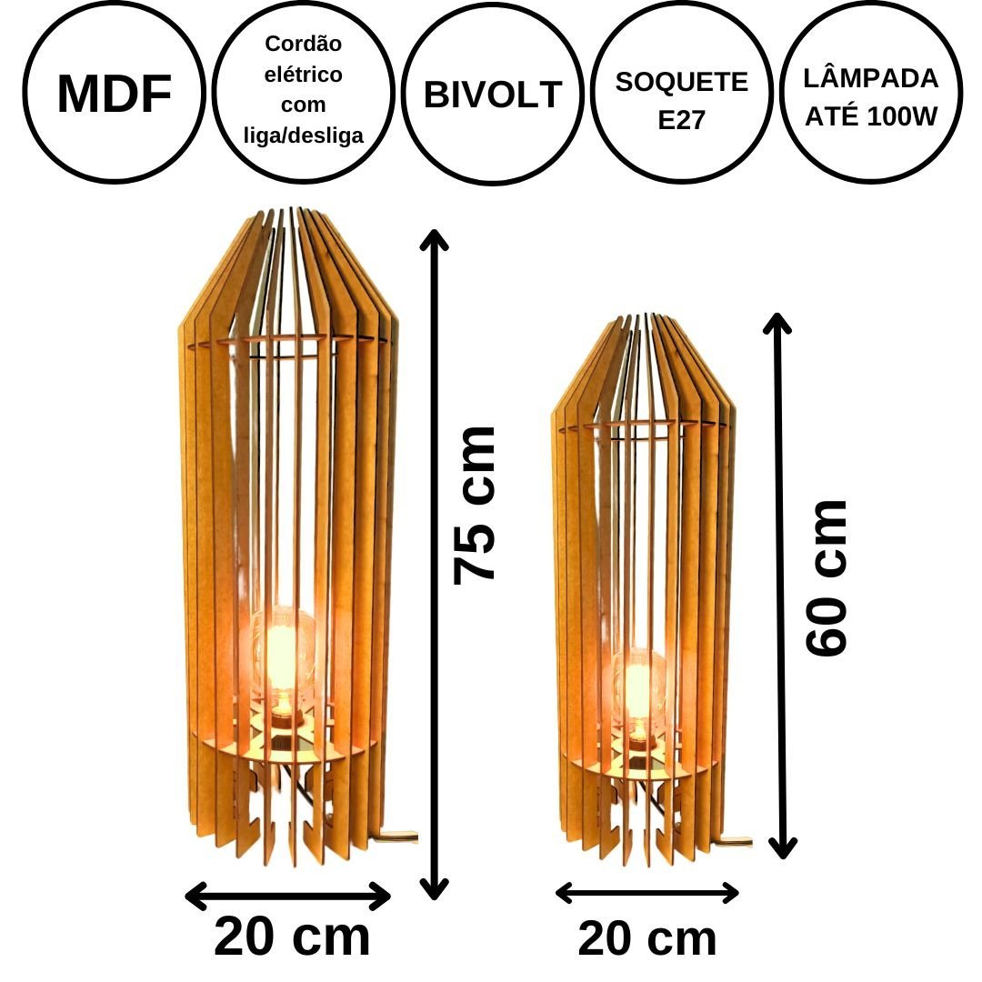 Luminária de Chão MDF PENEDO:MDF CRU/Kit com 2 - 75x20cm e 60x20cm - 3