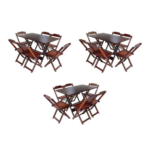 Kit 3 Conjuntos De Mesa Dobravel Com 6 Cadeiras De Madeira 120X70 Para Restaurante E Bar - Imbuia