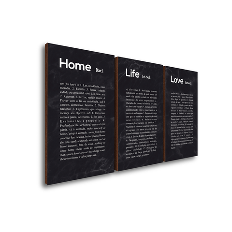 Quadros Decorativos Trio Home Life Love + Texto P/ Sala
