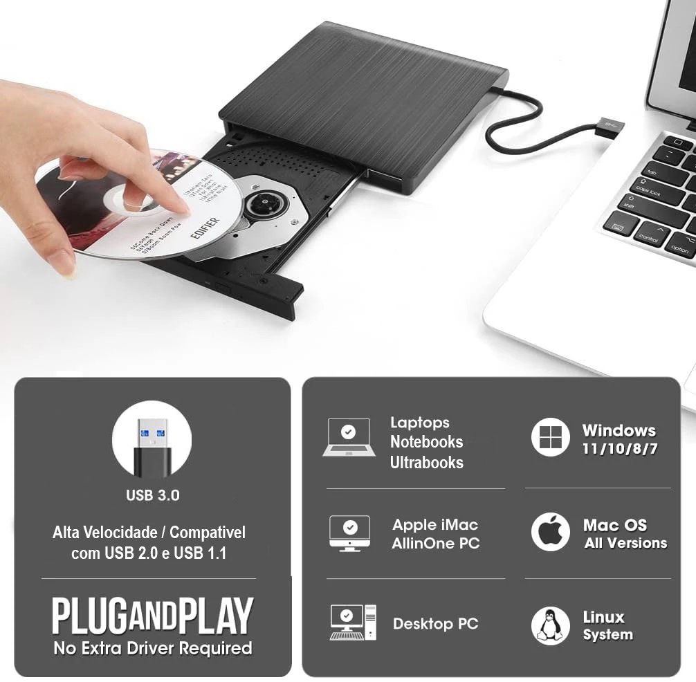 Leitor e Gravador de Cd Dvd Externo pc / Notebook Usb 3.0 Driver ...