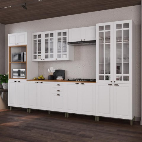 Armário de Cozinha Modulada Completa Fidelitá Nara 100% MDF 6 Peças 350cm 18 Portas 2 Gavetas com