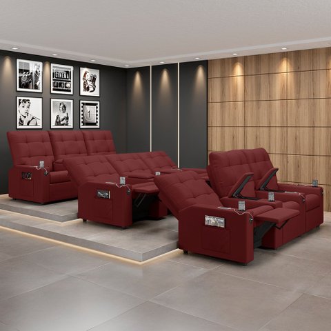 Poltrona do Papai Reclinável Sala de Cinema Movie 3 Lugares Manual Baú USB PU Vermelho Gran Belo Mov