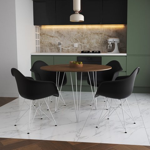Mesa Jantar Redonda 90cm Amêndoa Clips 3 Pés com 4 Poltronas Eiffel Eames Daw Pretas Ferro Branco