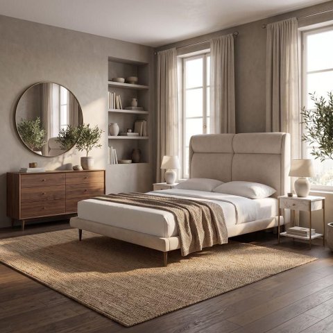 Cama Japonesa Queen Ema com Cabeceira Courino Bege e Linho Off White Madeira Sallar Home