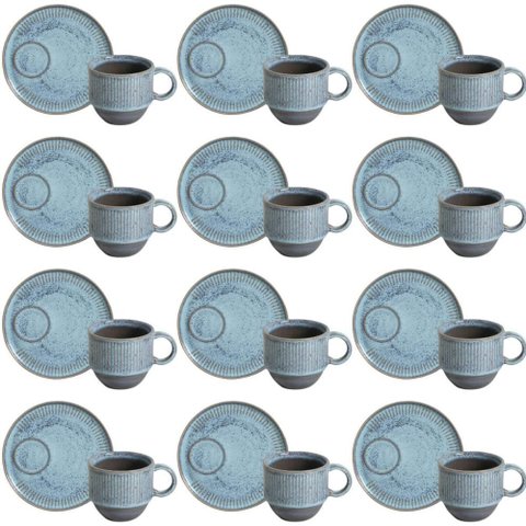 Jogo 12 Xícaras de Chá Empilhável com Pires Azul 230ml Linhas Breeze Mesa Posta Café da Manhã