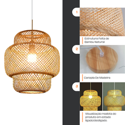 Luminária Pendente de Bambu Natural 42cm Gourmet para Sala, Quarto, Varanda, Área Interna - 5