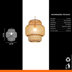 Luminária Pendente de Bambu Natural 42cm Gourmet para Sala, Quarto, Varanda, Área Interna - 6
