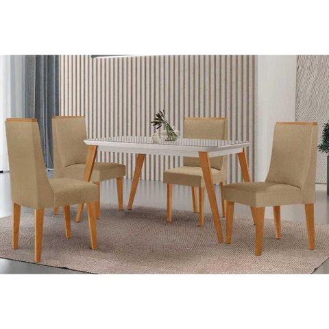 Conjunto: Mesa Sala Jantar Havana Canto Curvo 120cm + 4 Cadeiras Dakota Naturale/off White - Linho