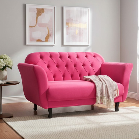 Namoradeira Decorativa Dália Couro Rosa Pink 2 Lugares Pés Madeira Mz Decor