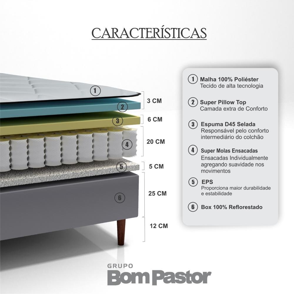 Colchão Casal Molas Ensacadas Vision + Base 138x188x71 Bom Pastor Cinza - 3