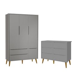 Jogo de Quarto Infantil Theo Guarda Roupa 3 Portas e Cômoda 6 Gavetas Cinza Fosco com Pés Amadeirado - 1