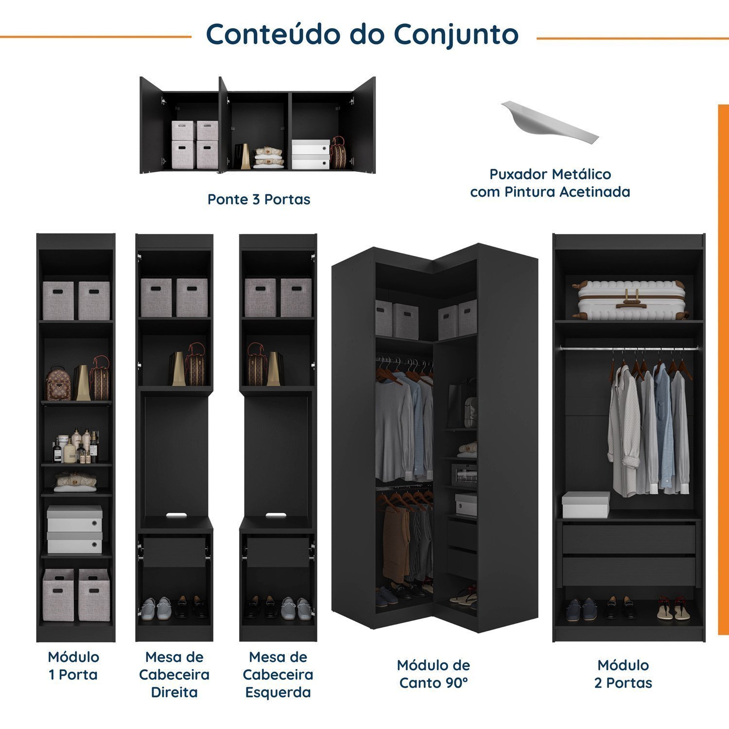 Guarda Roupa Modulado de Casal 12 Portas 6 Peças 2 Mesas de Cabeceira Hera CabeCasa MadeiraMadeira - 3