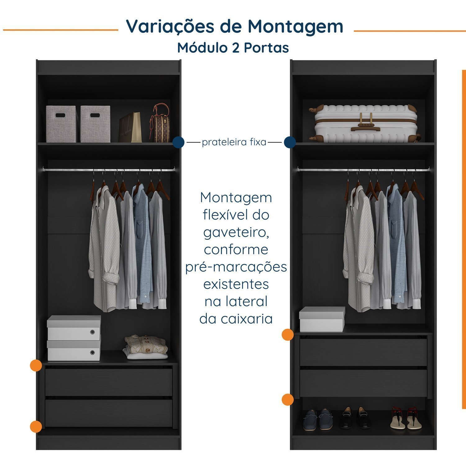 Guarda Roupa Modulado de Casal 12 Portas 6 Peças 2 Mesas de Cabeceira Hera CabeCasa MadeiraMadeira - 9