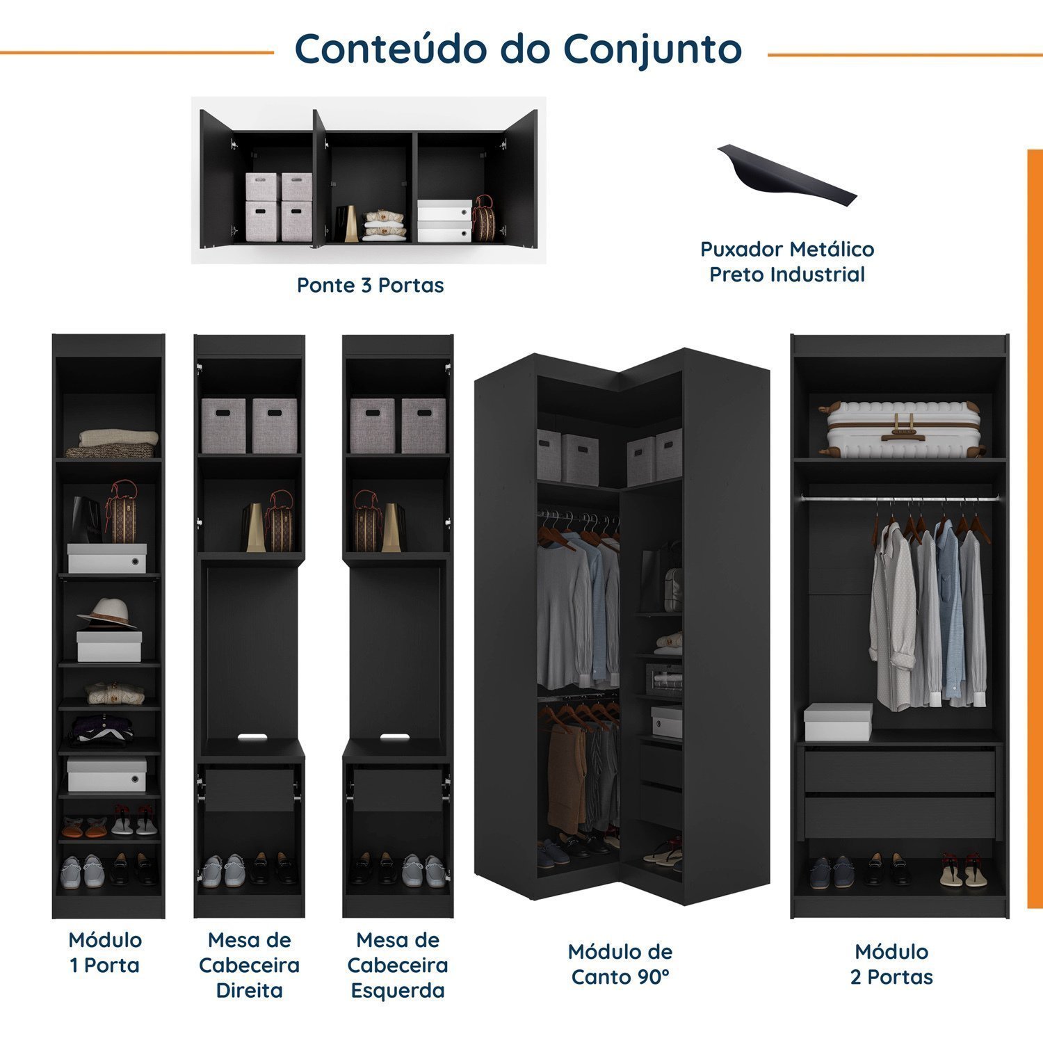 Guarda Roupa Modulado de Casal 12 Portas 6 Peças 2 Mesas de Cabeceira Hera CabeCasa MadeiraMadeira - 3