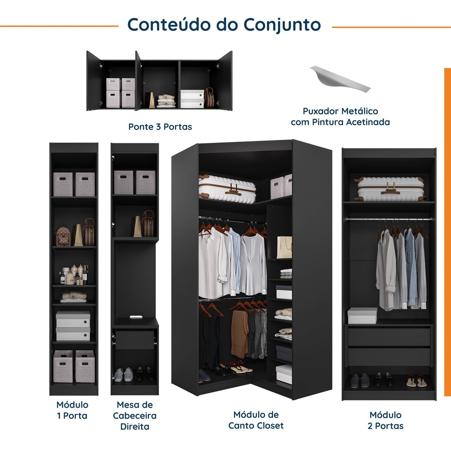 Guarda Roupa Modulado de Casal 10 Portas 5 Peças e 1 Mesa de Cabeceira Hera CabeCasa MadeiraMadeira - 3