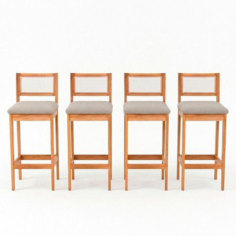 Kit 04 Banquetas Altas Brunella 99cm com Encosto Telinha Estilo Palha Linho Cru - Desk Design