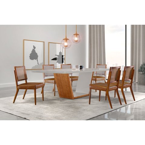 Mesa de Jantar Tampo de Madeira Medelim com 6 Cadeiras Veneza Marrom/Cinamomo Imbuia/Off White