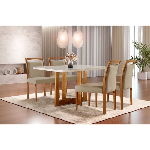 Mesa de Jantar Tampo de Madeira Vitoria com 4 Cadeiras Safira Marrom/Imbuia/Off White