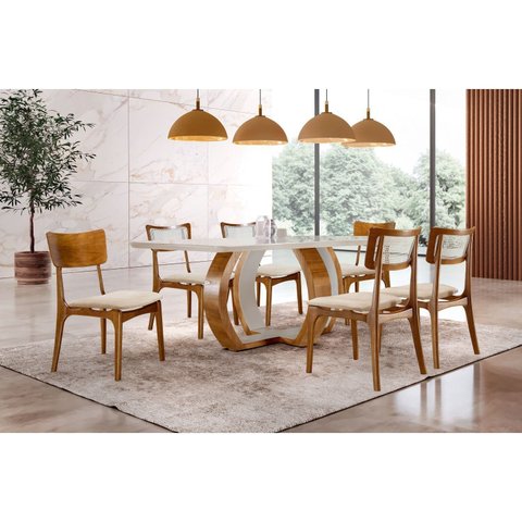Mesa de Jantar Tampo de Madeira Topazio com 6 Cadeiras Ravena Marrom/Cinamomo Imbuia/Off White